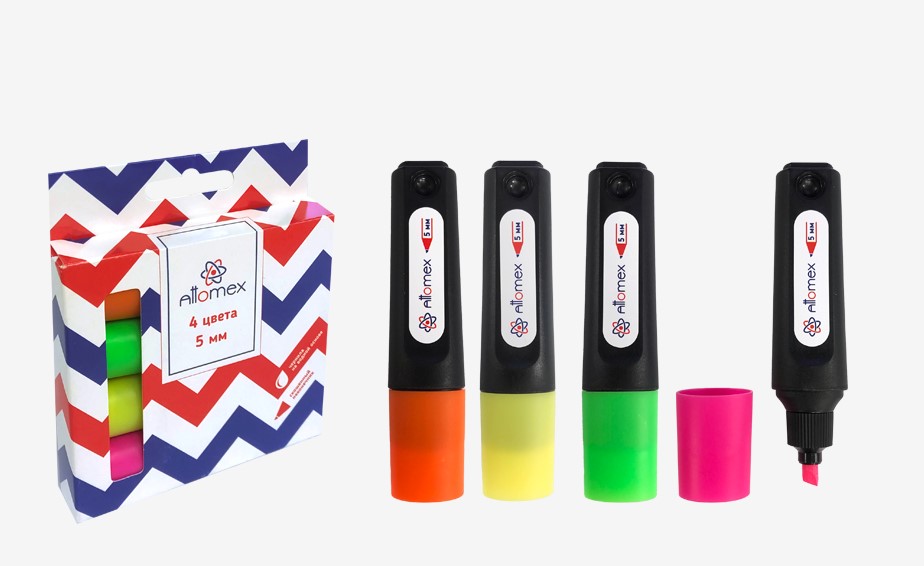 Набор маркеров-выделителей, Attomex, (04 цвета), желт, зел, оранж, роз, 1-5 мм, 5045357