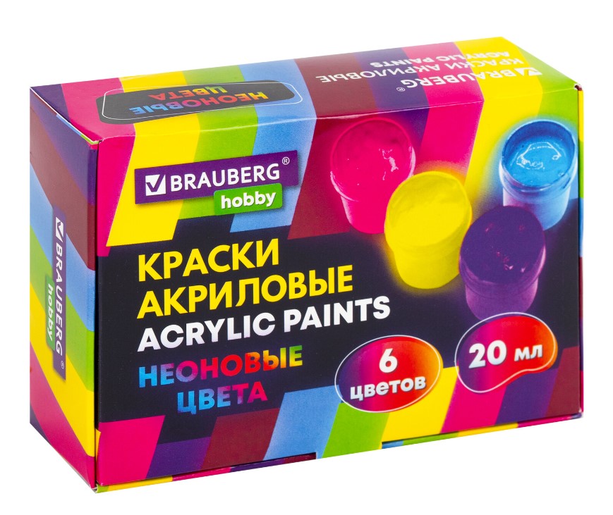 Краски акриловые НЕОНОВЫЕ для рисования и творчества 6 цветов по 20 мл, BRAUBERG HOBBY, 192438