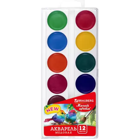 Краски акварельные 12 цв. BRAUBERG 'МАГИЯ ЦВЕТА' , медовые , круглые кюветы, 192286
