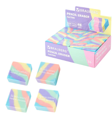 Ластик кросс-серия PASTEL, 34х34х14 мм, квадратный, ассорти, BRAUBERG, 273210