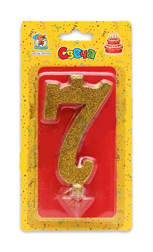 Свеча для торта 'Цифра 7. Золотой глитер' Миленд, картон. уп., европодвес, С-1899