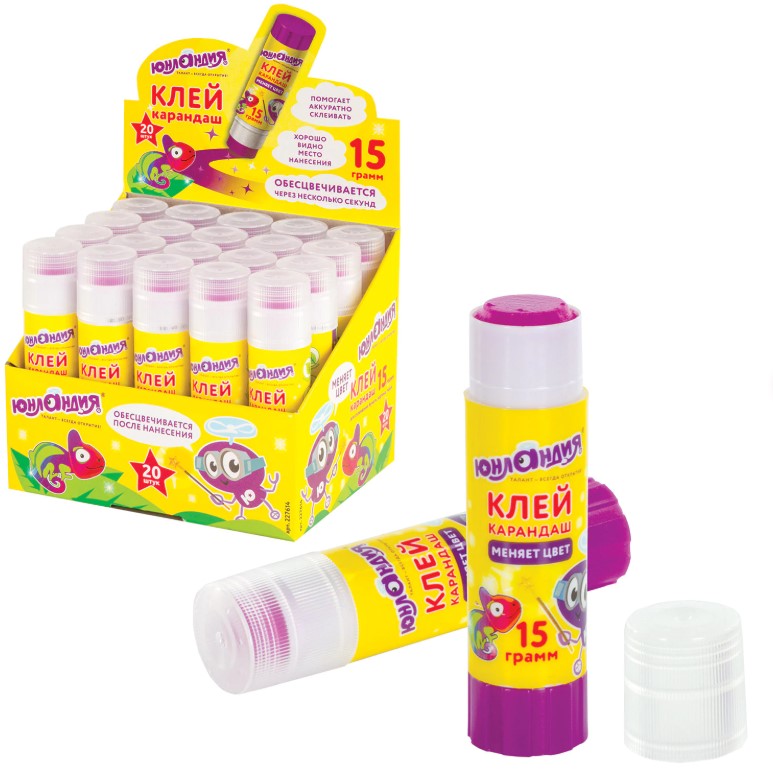 Клей-карандаш цветной ЮНЛАНДИЯ, ЮНЛАНДИК И ХАМЕЛЕОН, 15 г обесцвечивающийся после высыхания, 227614