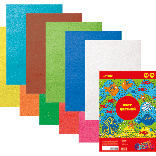Фетр цветной A4 'deVENTE. Яркие цвета' 10 цв, 10 л, толщина 1 мм,  европодвес, 8040681