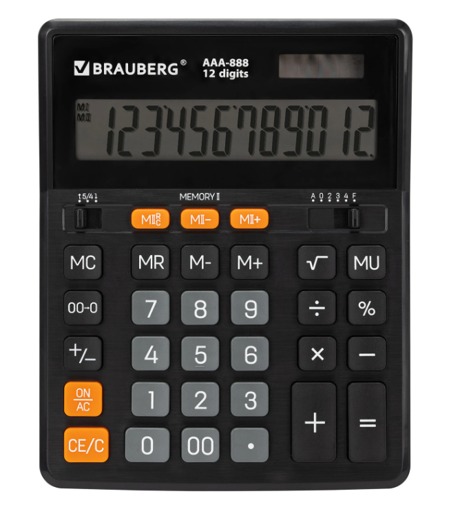 Калькулятор настольный BRAUBERG AAA-888 (202x159 мм), 12 разрядов, ЧЕРНЫЙ, двойное питание, 273981
