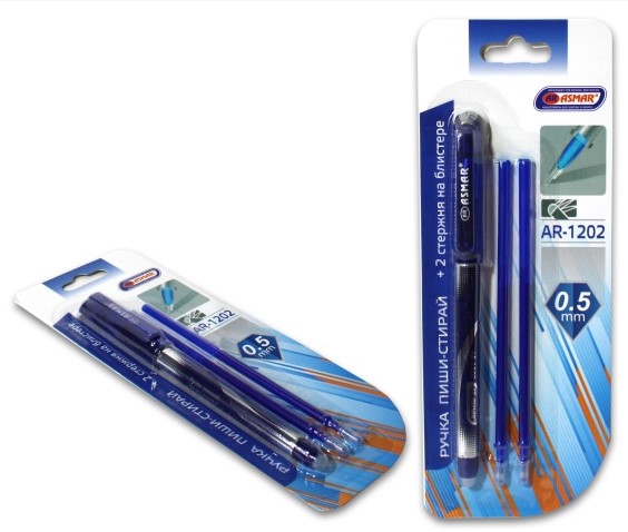 Ручка гелевая пиши-стирай ASMAR синий, +2 стержня на блистере, AR-1202