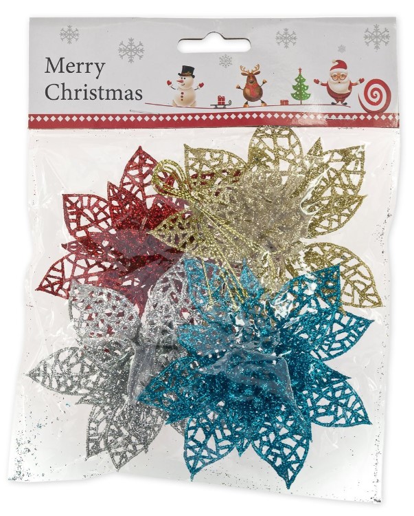 Новогодние украшения с блестками 10 см, Пуансеттия, (4 шт), 678-092