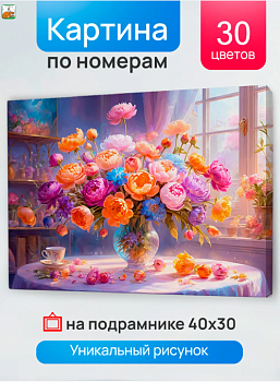 Холст с красками 30x40 см по номерам (в коробке) (30 цв.) Яркие пионы на столе ХК-3275