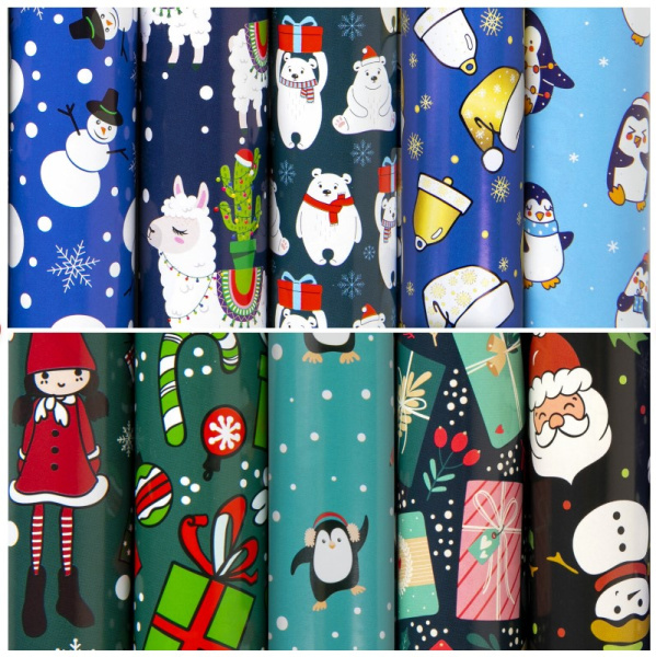 Бумага упаковочная подарочная новогодняя 'Snow Fun', 70х100 см, 10 дизайнов ассорти, 591911