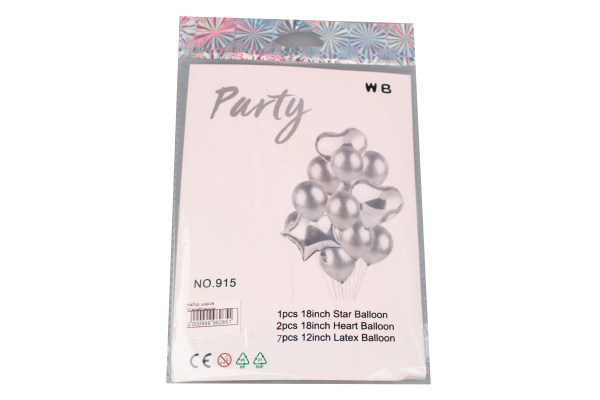 Набор шаров 'Серебро ассорти', 10 шт. в наборе (3 фольгированных+7 латексных), 915