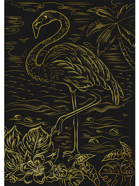 Гравюра А4 металлический эффект золото, 'Чудесный фламинго', пакет с руч., Г-8533