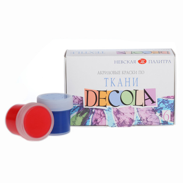 Акриловые краски по ткани 6 цв. Невская палитра 'Decola'  по 20 мл., картон. уп., 4141025;191043